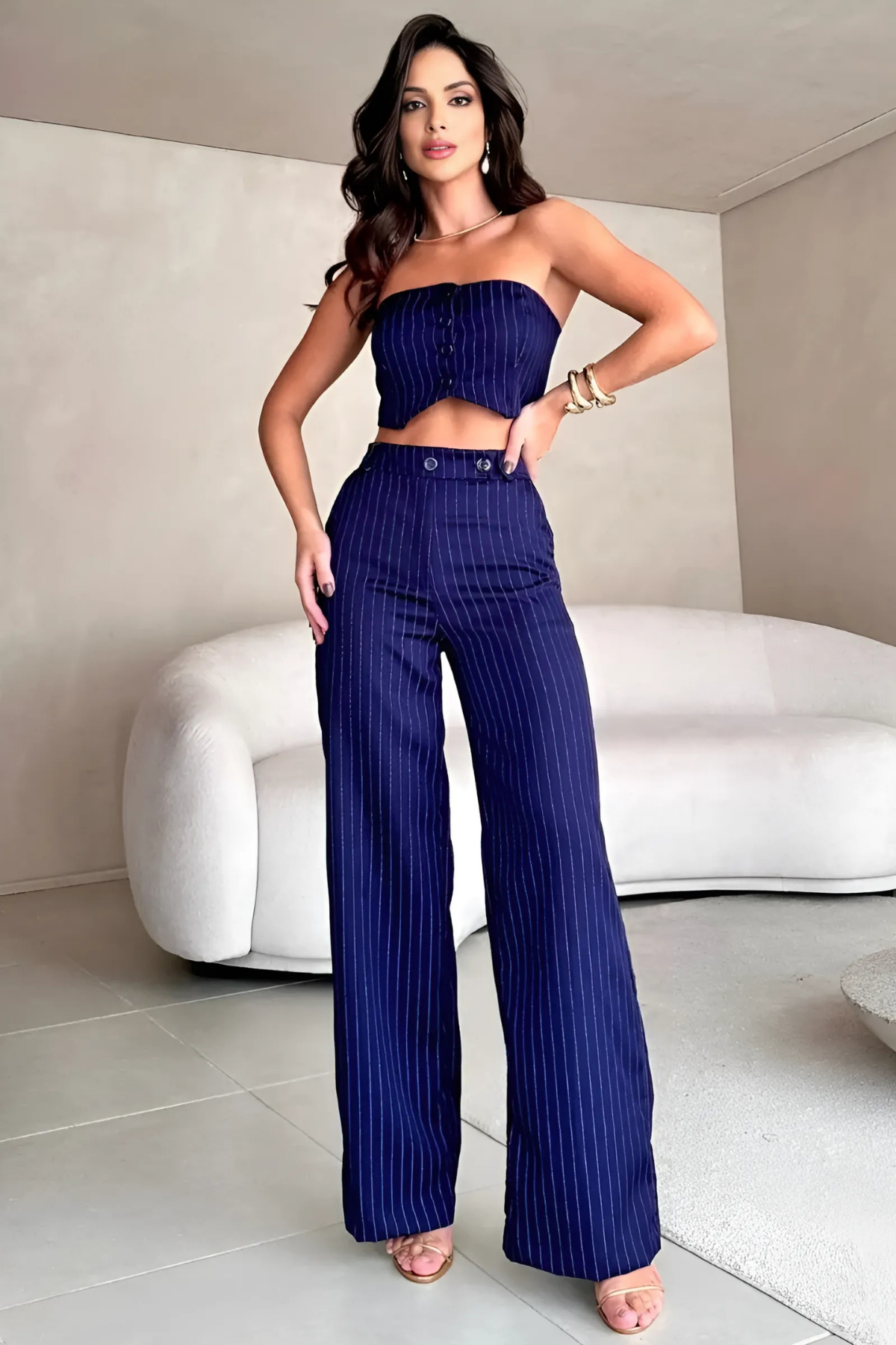 Conjunto Alfaiataria Listrado Top Tomara que Caia e Calça - Diana