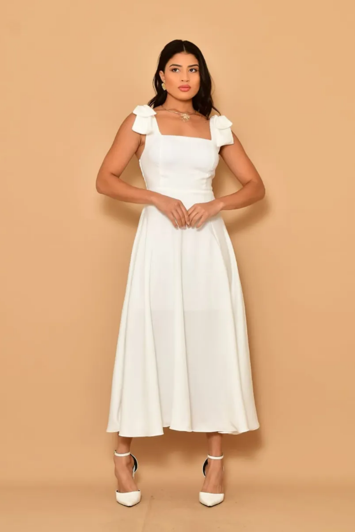 Vestido Midi Noivado Com Lacinho No Ombro Forrado - Aurora