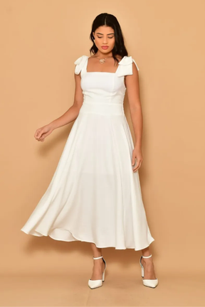 Vestido Midi Noivado Com Lacinho No Ombro Forrado - Aurora