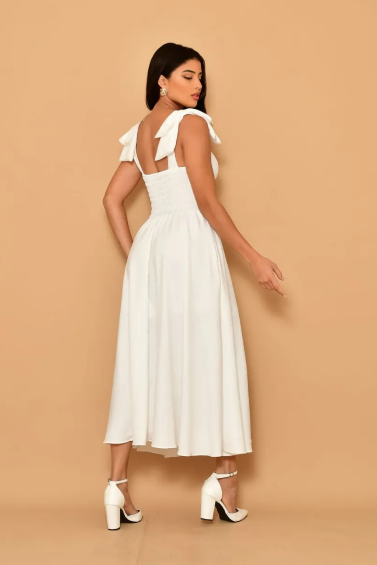 Vestido Midi Noivado Com Lacinho No Ombro Forrado - Aurora