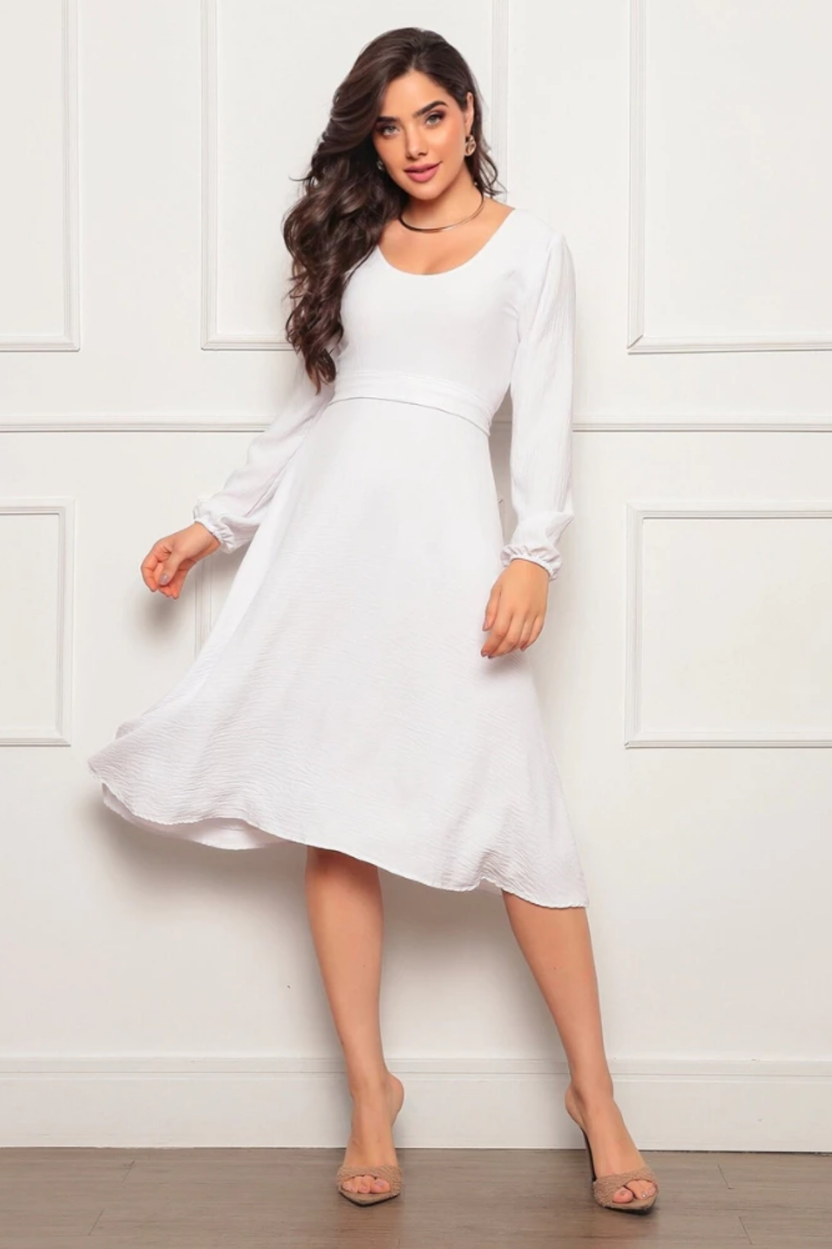 Vestido Mídi de Noivado Manga Longa Costas Nuas - Ellie