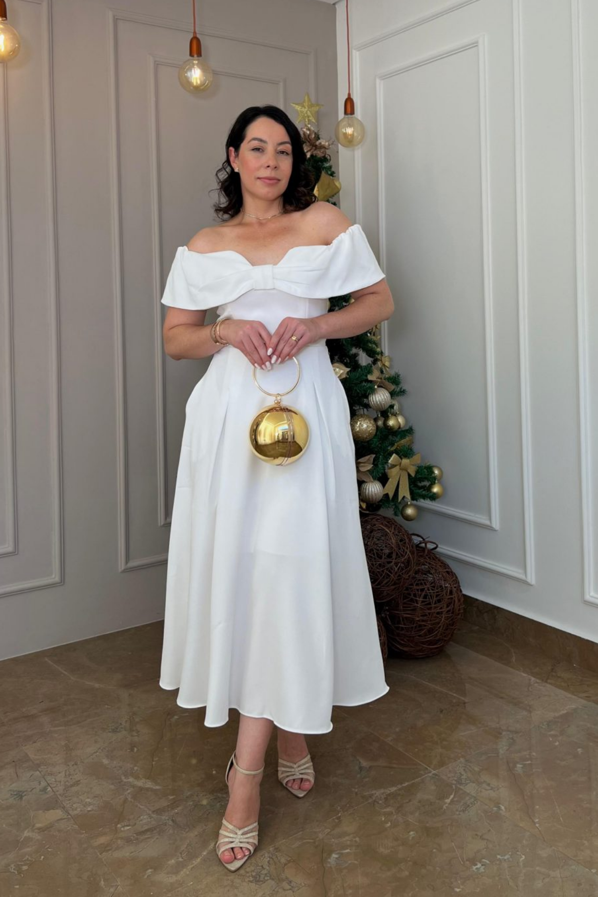 Vestido Mídi de Noivado Alfaiataria Ombro a Ombro - Stella
