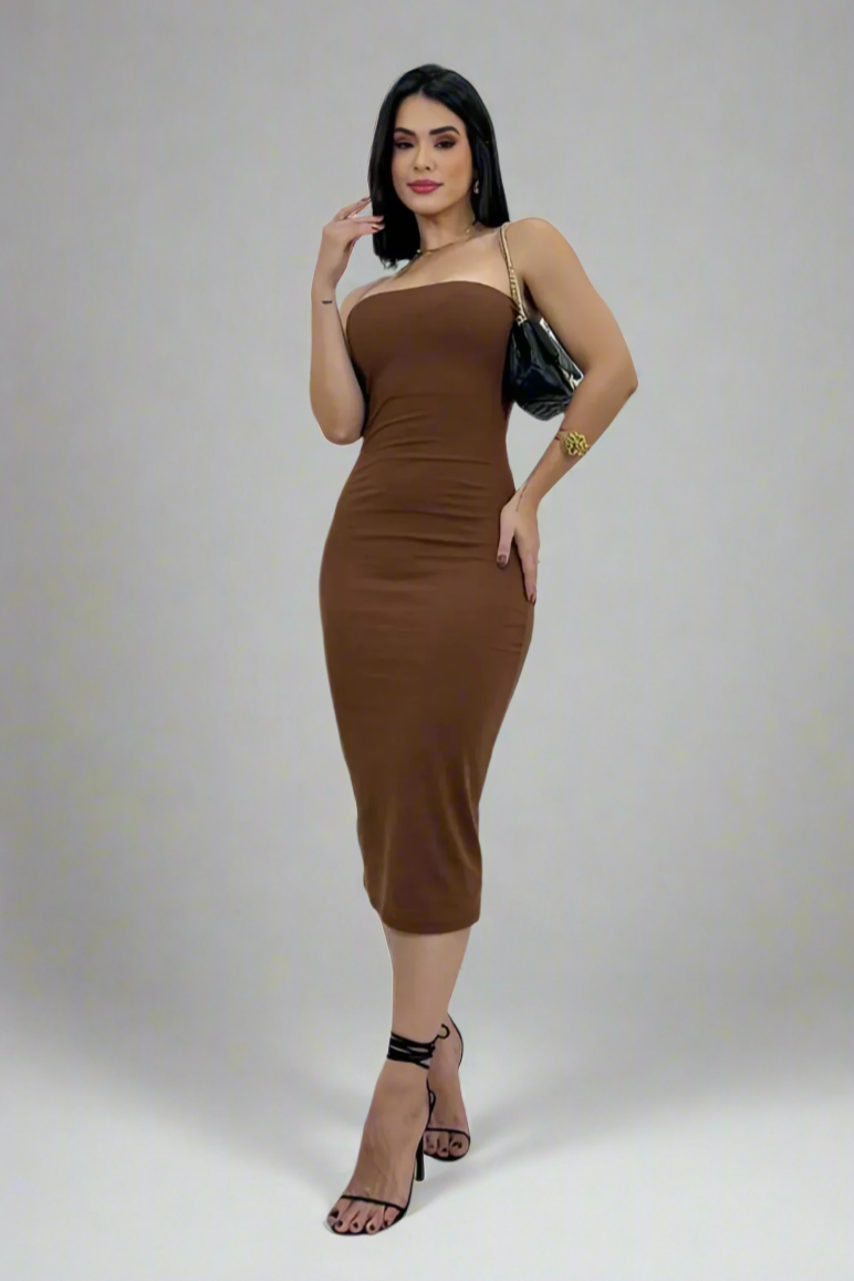 Vestido Midi Tomara que Caia Canelado - Valentina