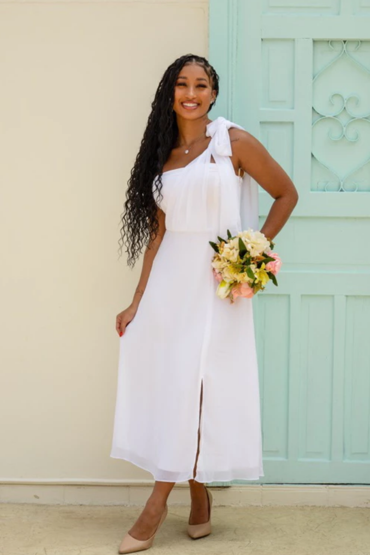 Vestido Mídi de Noivado em Tule Multi Amarrações Ombro Único - Emilly