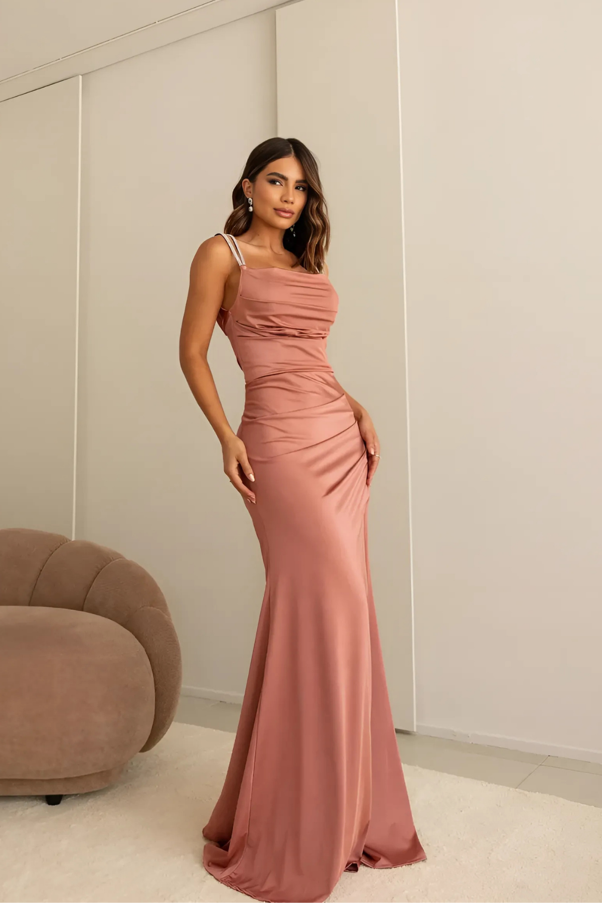 Vestido Longo Com Alças de Brilho Drapeado - Mirielly