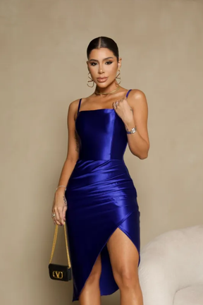 Vestido Midi Alças Finas Com Fenda - Júlia