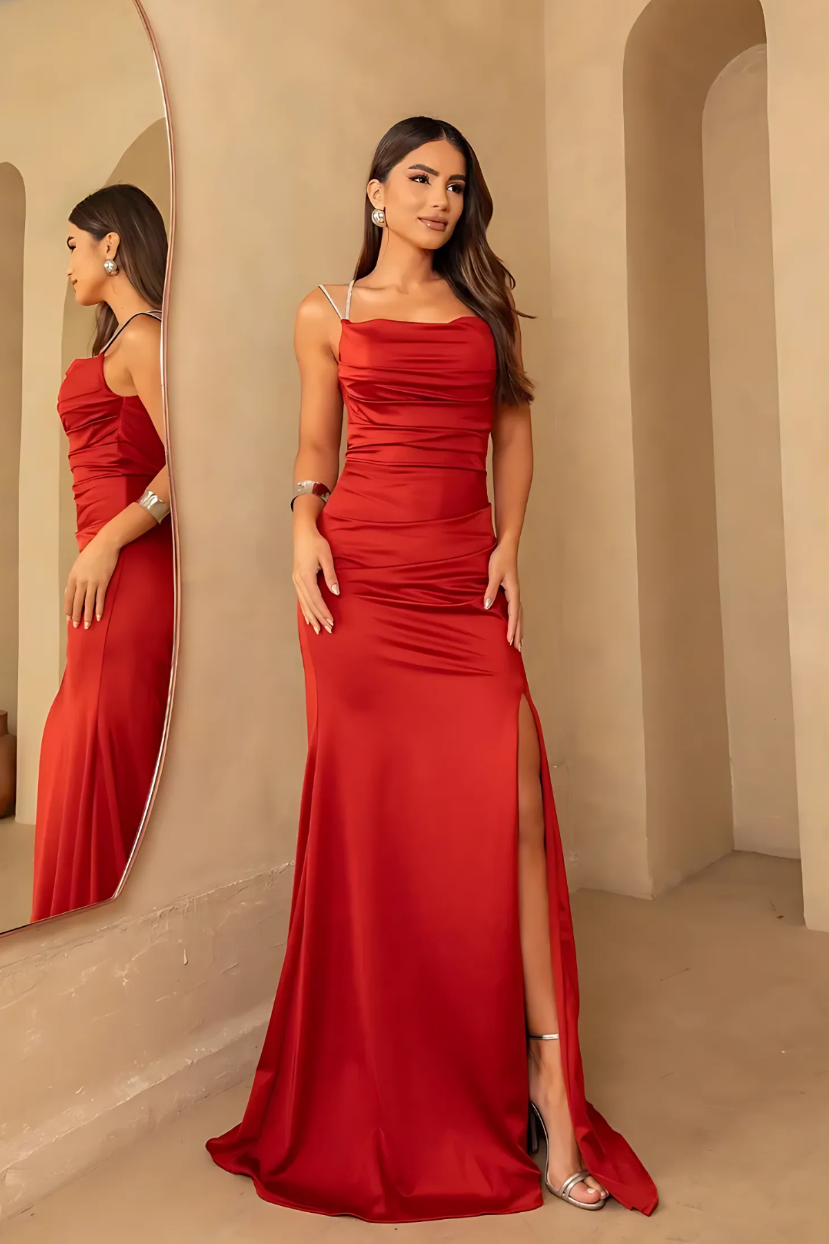 Vestido Longo Com Alças de Brilho Drapeado - Mirielly