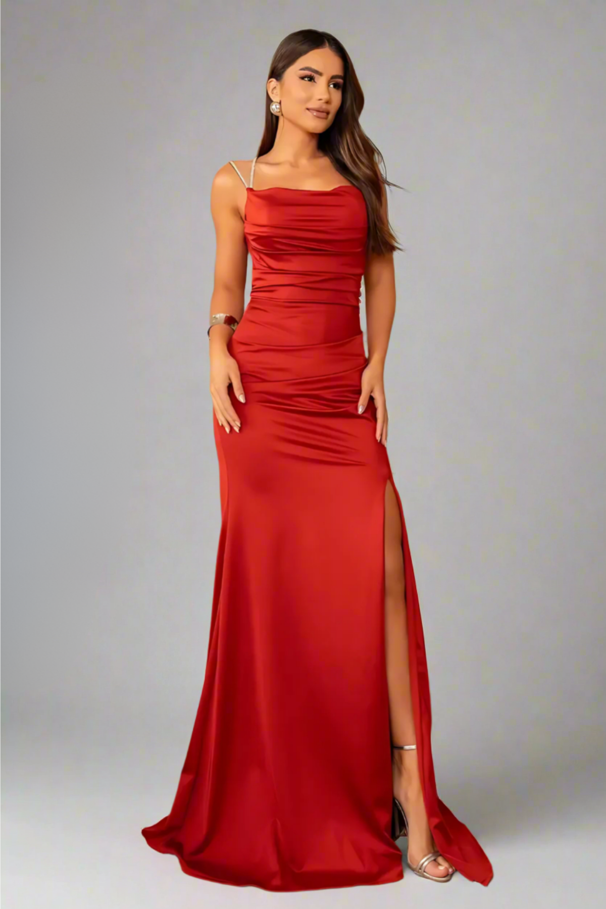 Vestido Longo Com Alças de Brilho Drapeado - Mirielly