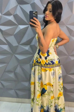 Vestido Longo Floral Recorte Na Cintura - Thaylana