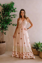 Vestido Longo Crepe De Alcinha Bordado Florzinhas - Claudia