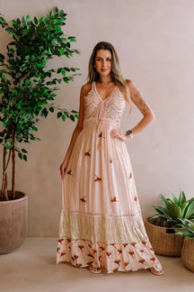 Vestido Longo Crepe De Alcinha Bordado Florzinhas - Claudia