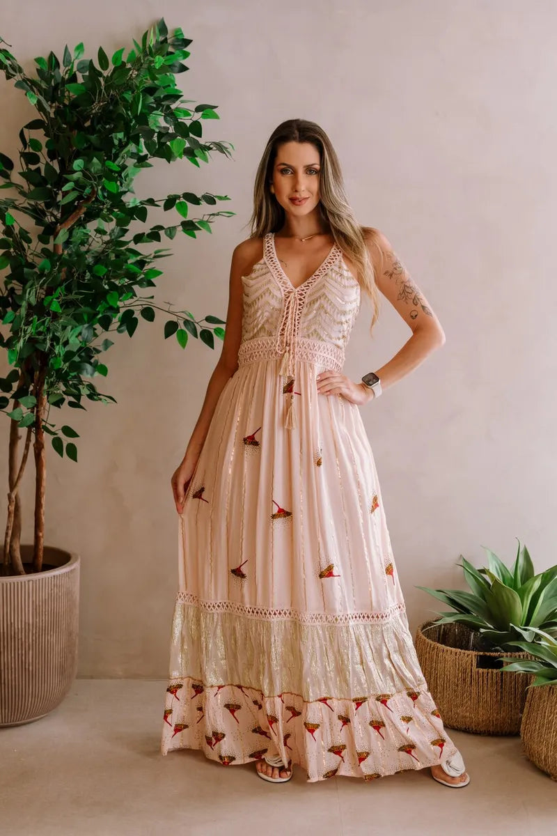 Vestido Longo Crepe De Alcinha Bordado Florzinhas - Claudia