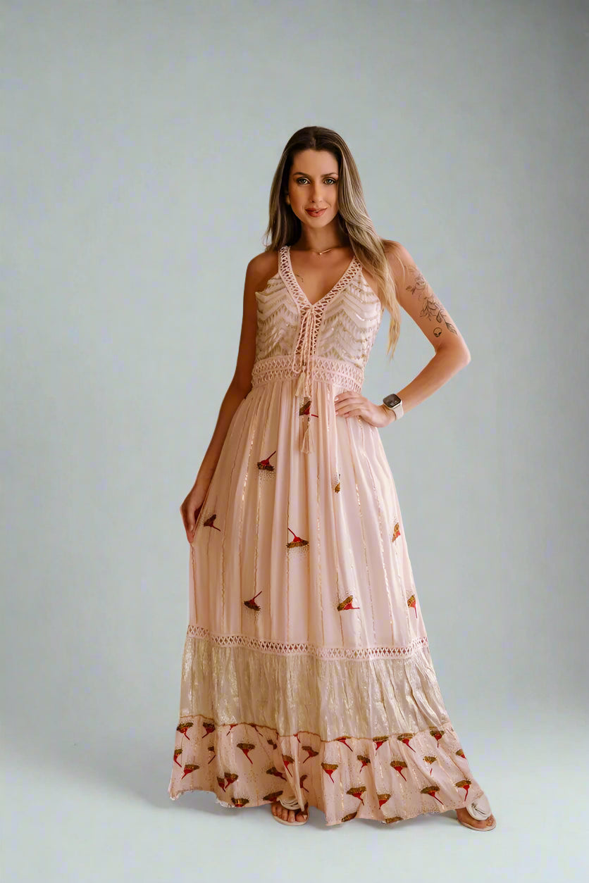 Vestido Longo Crepe De Alcinha Bordado - Claudia
