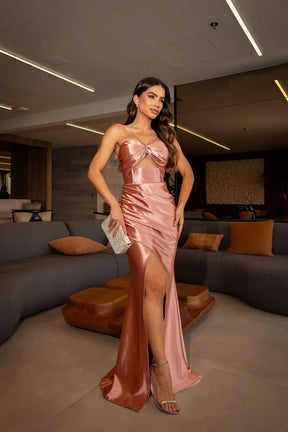 Vestido Longo Acetinado Alça Strass Com Fenda - Amanda