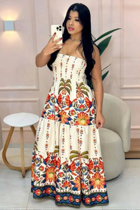 Vestido Longo Floral Recorte Na Cintura - Thaylana