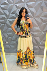 Vestido Longo Floral Recorte Na Cintura - Thaylana