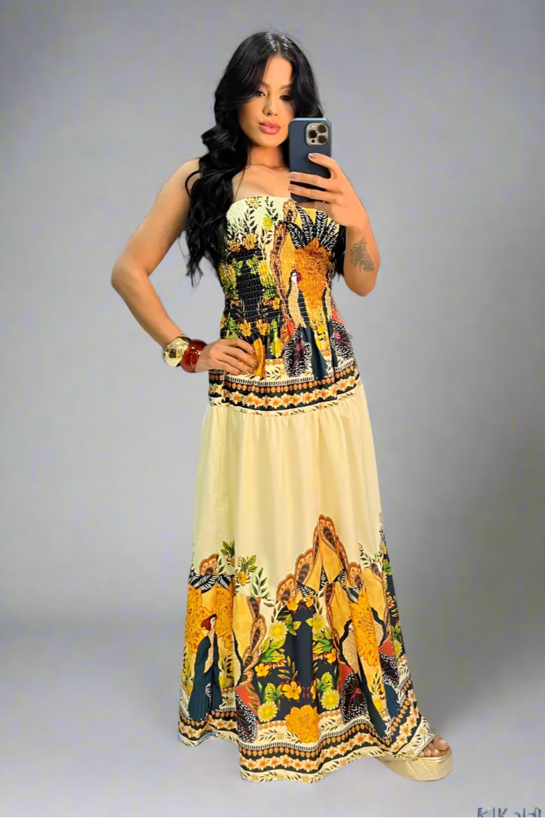 Vestido Longo Floral Recorte Na Cintura - Thaylana