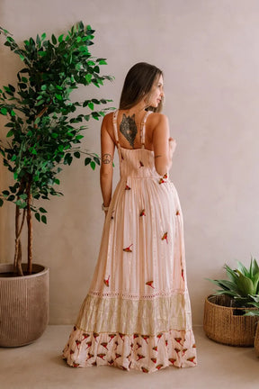 Vestido Longo Crepe De Alcinha Bordado Florzinhas - Claudia