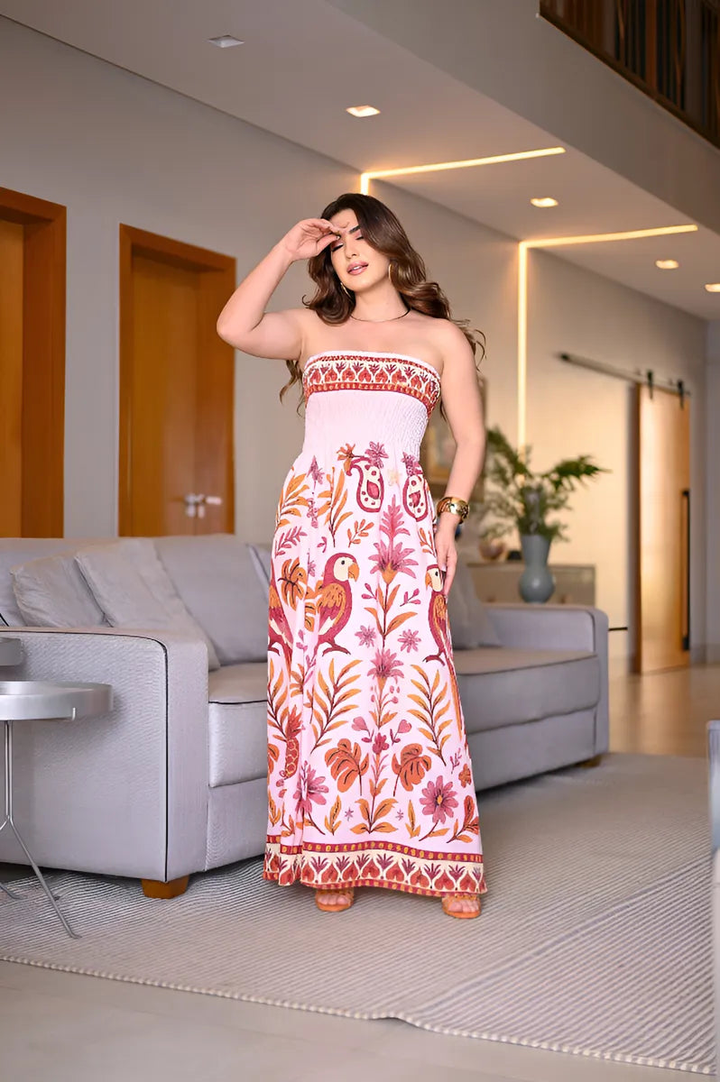 Vestido Lastex Feminino Longo Tomara Que Caia Estampado - Adele