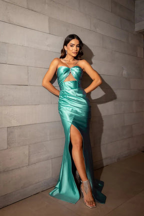 Vestido Longo Acetinado Alça Strass Com Fenda - Amanda