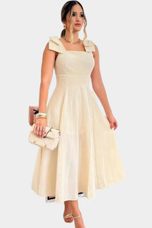 Vestido Midi De Linho Forrado Com Lacinho No Ombro Bojo - Aurora