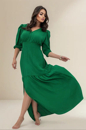 Vestido Longo Princesa Com Fenda Manga 3/4 Elegante Premium - Maitê