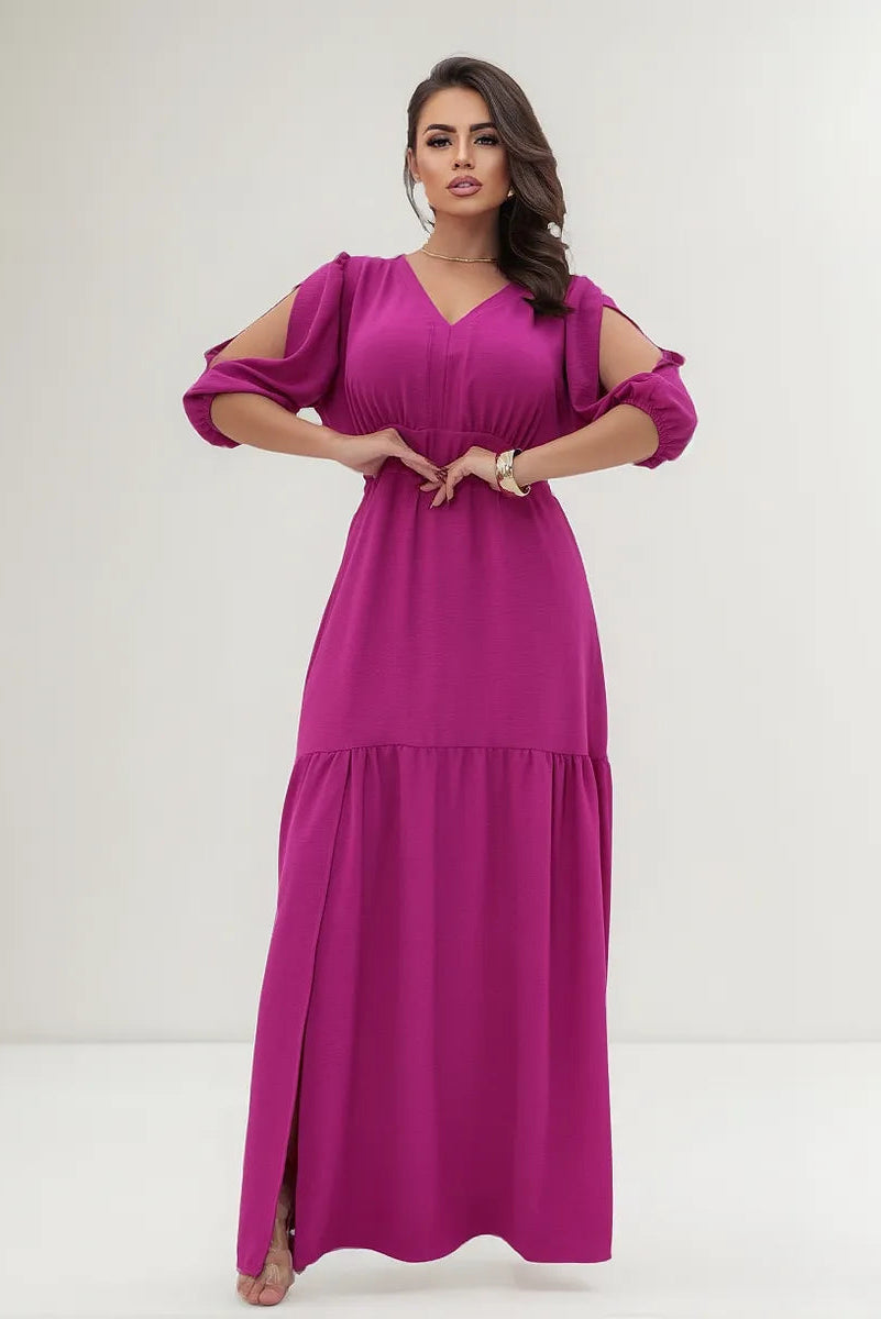 Vestido Longo Princesa Com Fenda Manga 3/4 Elegante Premium - Maitê