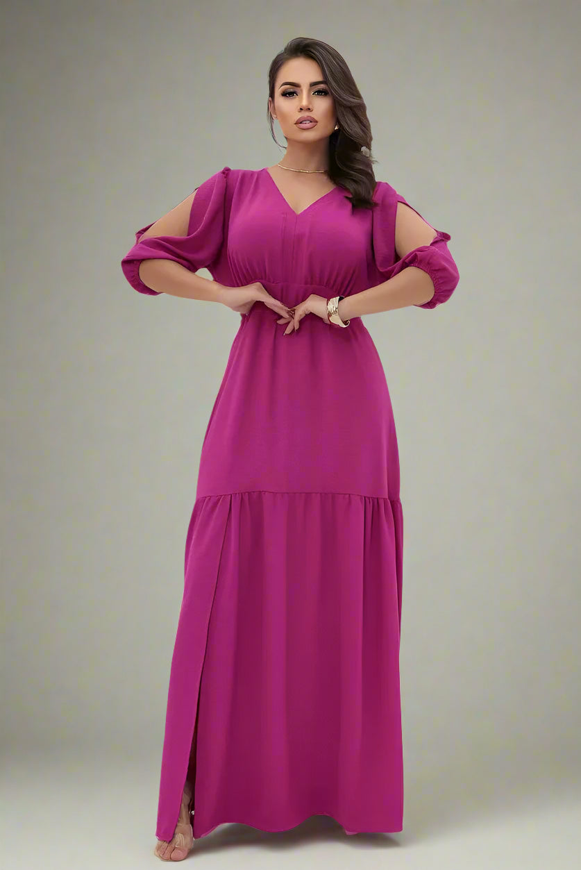 Vestido Longo Princesa Com Fenda Manga 3/4 Elegante Premium - Maitê