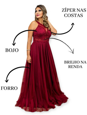 Vestido Longo Rodado Feminino Debutante Madrinha Longo Renda Tule - Cecilia