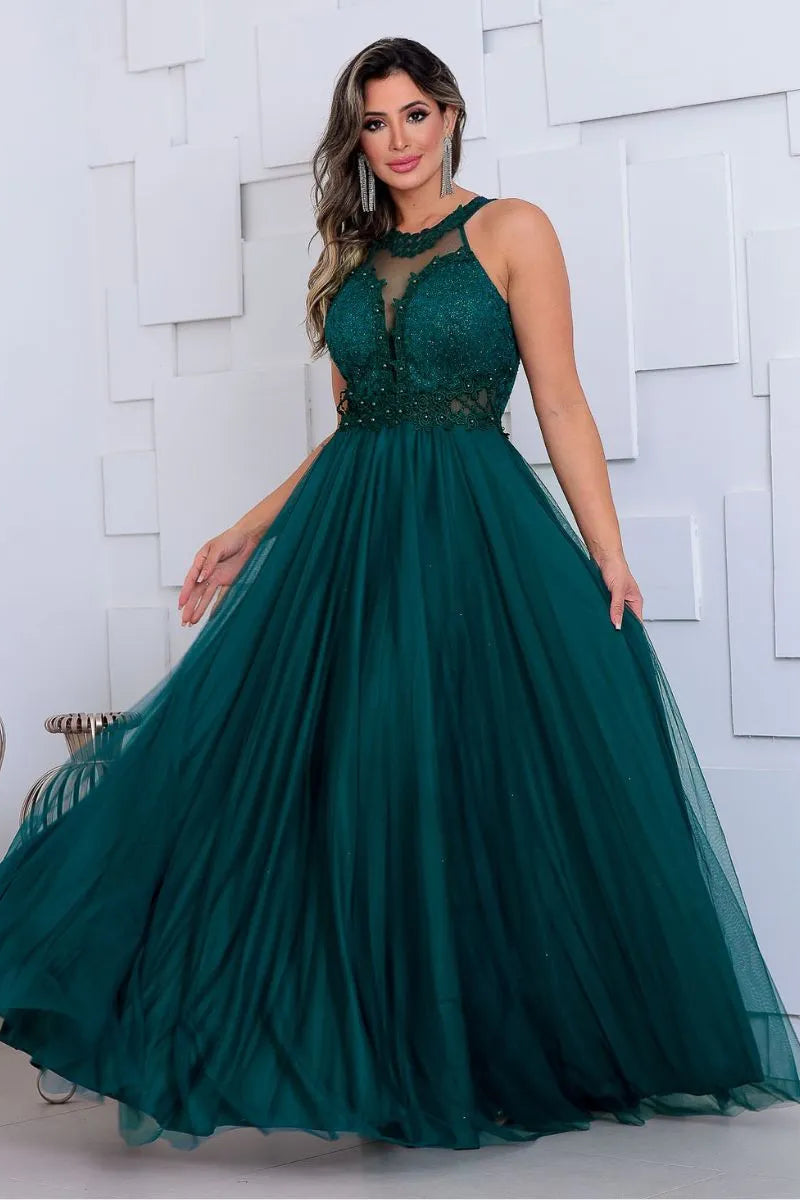 Vestido Longo Rodado Feminino Debutante Madrinha Longo Renda Tule - Cecilia