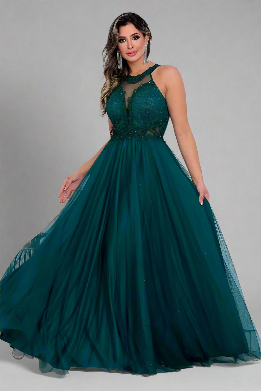 Vestido Longo Rodado Feminino Debutante Madrinha Longo Renda Tule - Cecilia