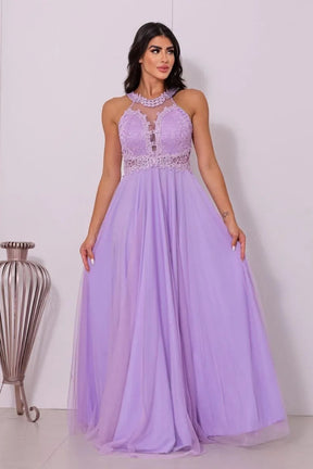 Vestido Longo Rodado Feminino Debutante Madrinha Longo Renda Tule - Cecilia
