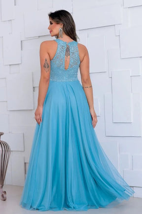 Vestido Longo Rodado Feminino Debutante Madrinha Longo Renda Tule - Cecilia