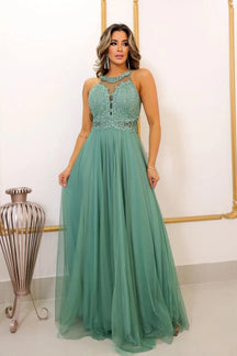 Vestido Longo Rodado Feminino Debutante Madrinha Longo Renda Tule - Cecilia