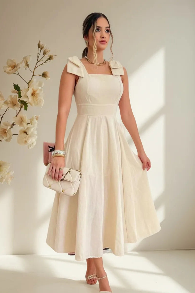 Vestido Midi De Linho Forrado Com Lacinho No Ombro Bojo - Aurora