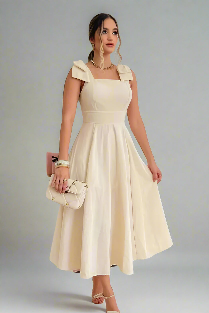 Vestido Midi De Linho Forrado Com Lacinho No Ombro Bojo - Aurora