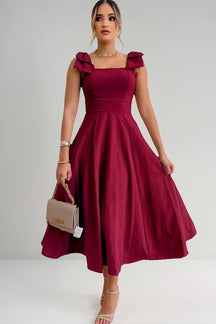 Vestido Midi De Linho Forrado Com Lacinho No Ombro Bojo - Aurora