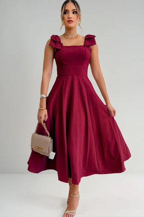Vestido Midi De Linho Forrado Com Lacinho No Ombro Bojo - Aurora
