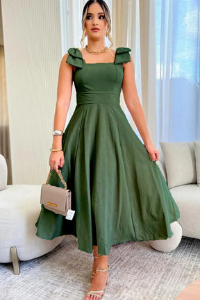 Vestido Midi De Linho Forrado Com Lacinho No Ombro Bojo - Aurora