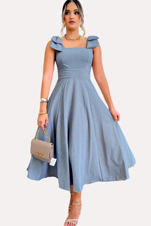 Vestido Midi De Linho Forrado Com Lacinho No Ombro Bojo - Aurora