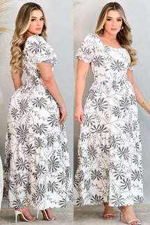 Vestido Longo Estampado Manga Bufante - Rosalie