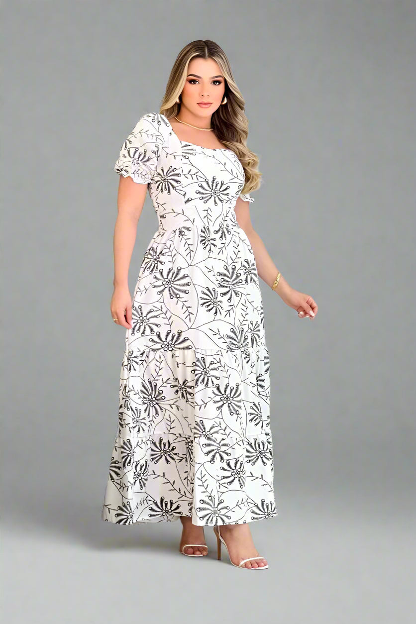 Vestido Longo Estampado Manga Bufante - Rosalie