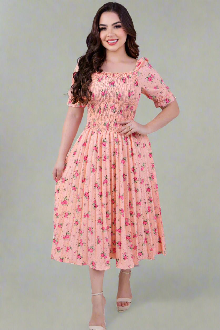 Vestido Midi Plissado Manga Curta Bufante - Sabine