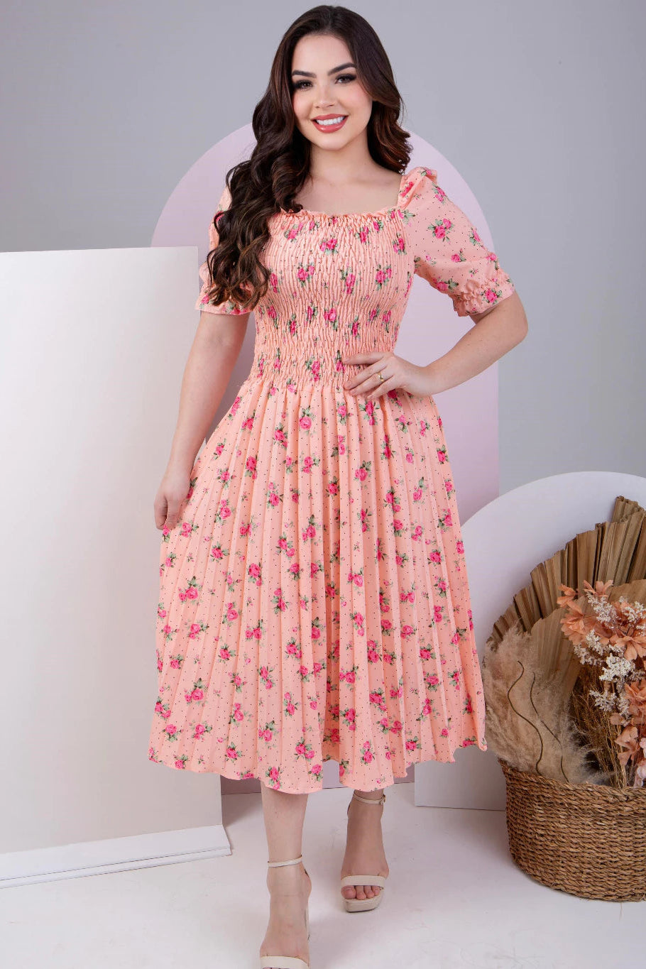 Vestido Midi Plissado Manga Curta Bufante Estampado - Sabine