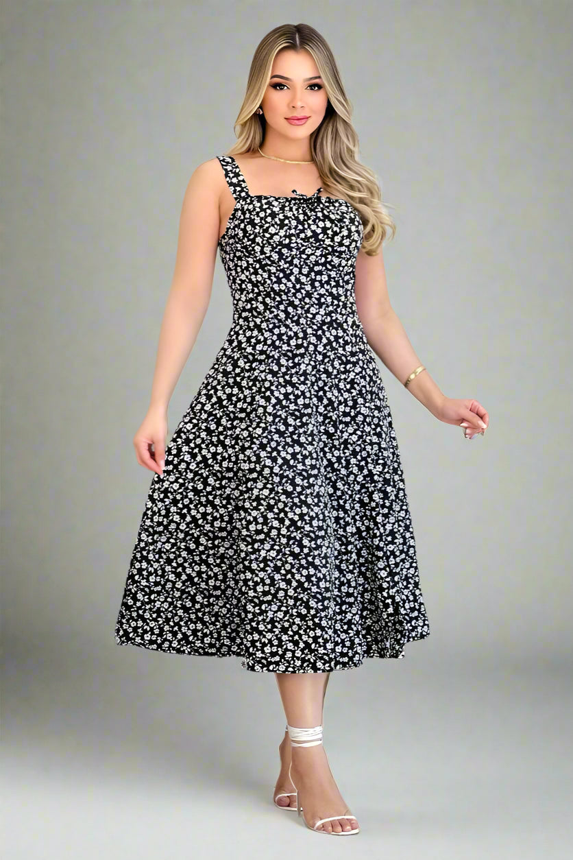 Vestido Mídi Estampado e Cruzado nas Costas - Natasha