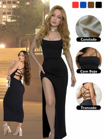 Vestido Longo elegante com costas trançadas Fenda Lateral Empina Bumbum Colado - Adriana
