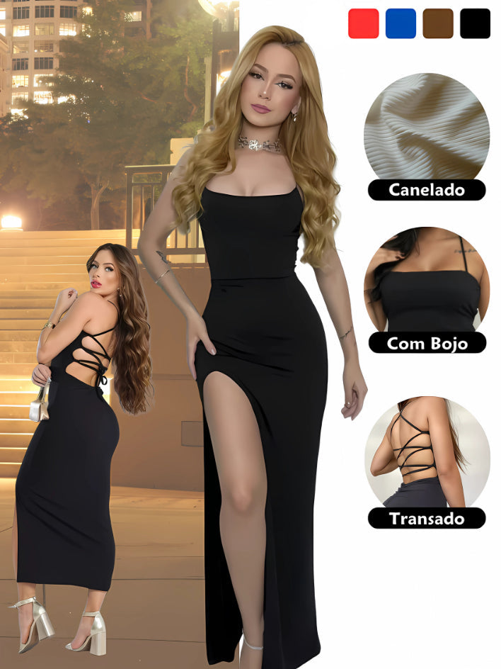 Vestido Longo elegante com costas trançadas Fenda Lateral Empina Bumbum Colado - Adriana
