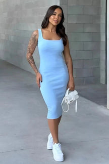 Vestido Midi Tubinho Canelado Colado Modelador Com Alça Confortável - Fabiane