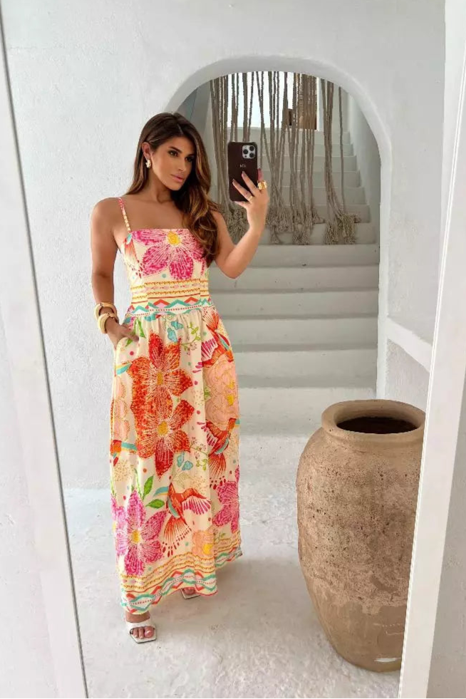 Vestido Longo Estampado com elastex bolso regulador na alça - Emy