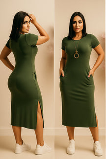 Vestido Midi casual moda feminina fenda lateral - Alanis